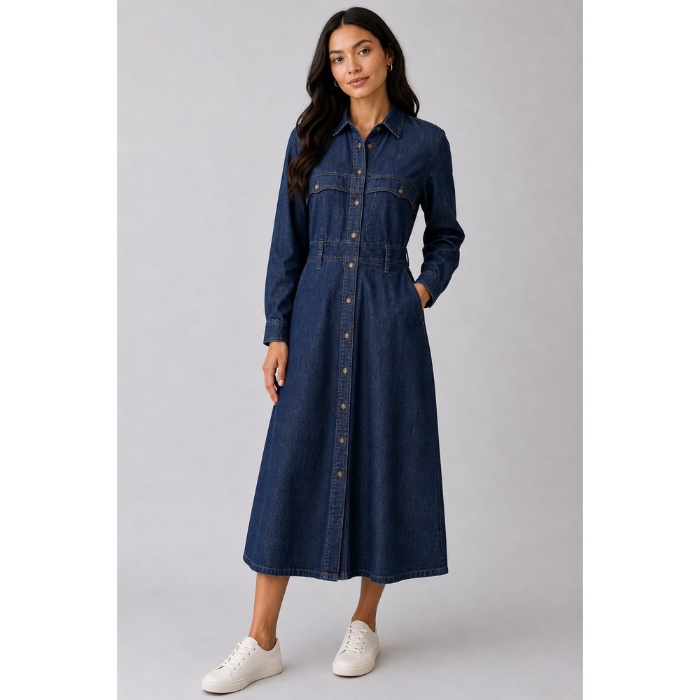 Ruff Hewn Denim Shirt Dress Womens 8 Blue Vintage Maxi Long Sleeve Made in USA